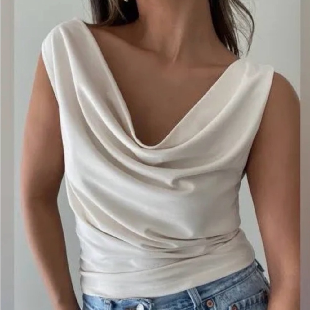 Satin Cowl Neck White Sleeveless Camisole Ruched Sides DeepV in Back Crisscross